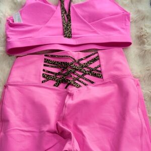 Fabletics Pink Leopard Accent Leggings and Bra.